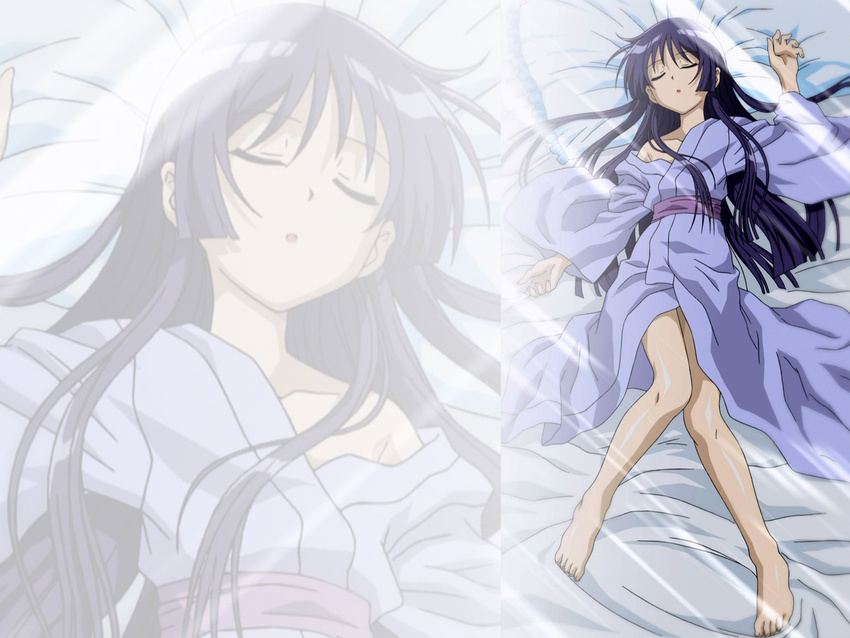 bare_shoulders bed black_hair hayate_no_gotoku! japanese_clothes kimono long_hair non-web_source saginomiya_isumi sleeping solo wallpaper zoom_layer