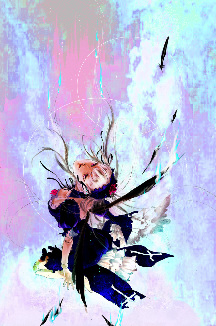 8981 bad_id bad_pixiv_id black_wings breasts doll_joints dress feathers frills hairband highres kneeling long_hair medium_breasts purple_eyes rozen_maiden silver_hair solo suigintou wings