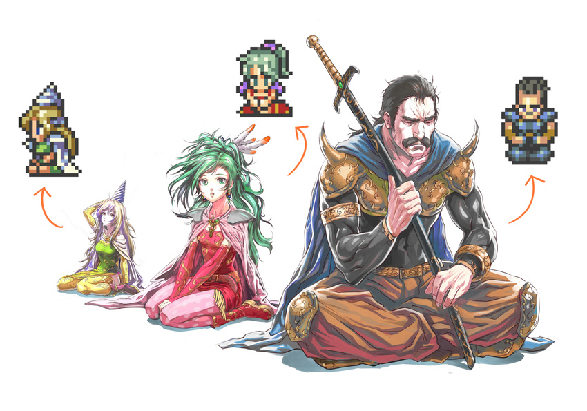 armor blonde_hair brown_eyes cape cayenne_garamonde celes_chere commentary_request comparison detached_sleeves diolemonde facial_hair final_fantasy final_fantasy_vi green_eyes green_hair kneeling long_hair multiple_girls mustache pantyhose pixel_art polka_dot ponytail sword thighhighs tina_branford weapon