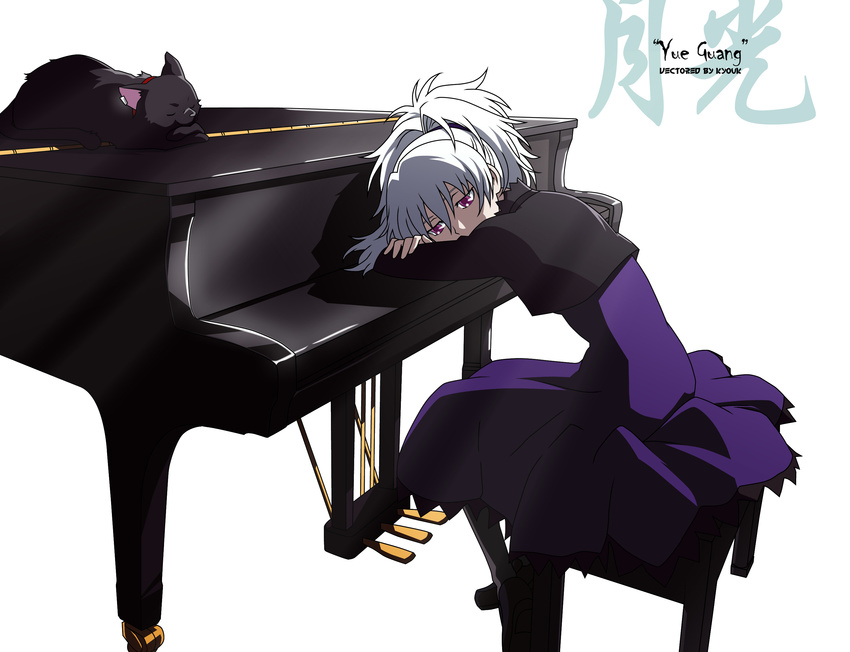 darker_than_black dress gothic_lolita grand_piano highres instrument lolita_fashion mao_(darker_than_black) pantyhose piano piano_bench purple_dress silver_hair solo yin