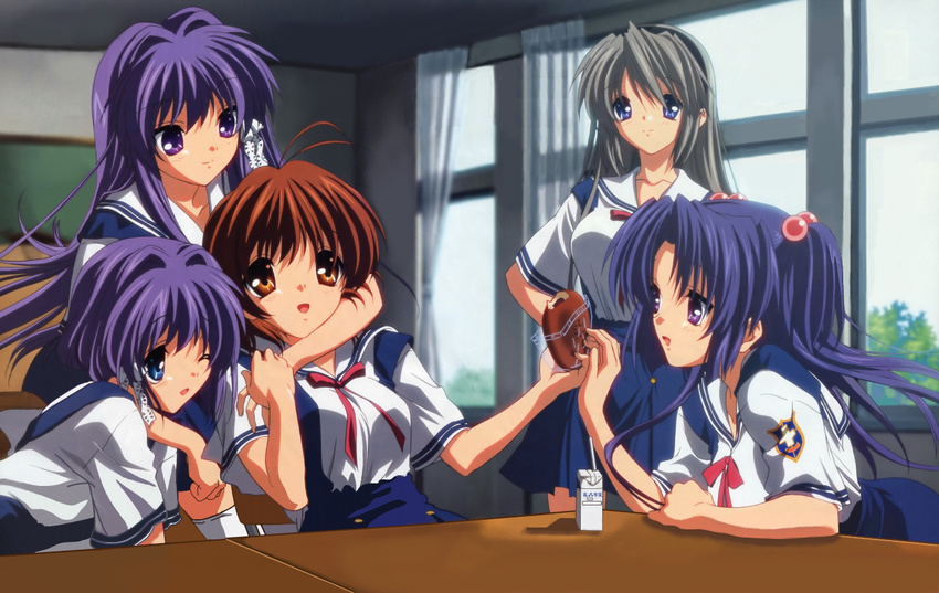 anpan antenna_hair blue_eyes blue_hair bread breasts brown_eyes brown_hair clannad food fujibayashi_kyou fujibayashi_ryou furukawa_nagisa hair_bobbles hair_ornament hairband hikarizaka_private_high_school_uniform ichinose_kotomi ikeda_kazumi juice_box large_breasts long_hair multiple_girls non-web_source official_art purple_eyes purple_hair sakagami_tomoyo school_uniform serafuku short_hair siblings silver_hair sisters sitting thighhighs twins two_side_up very_long_hair window