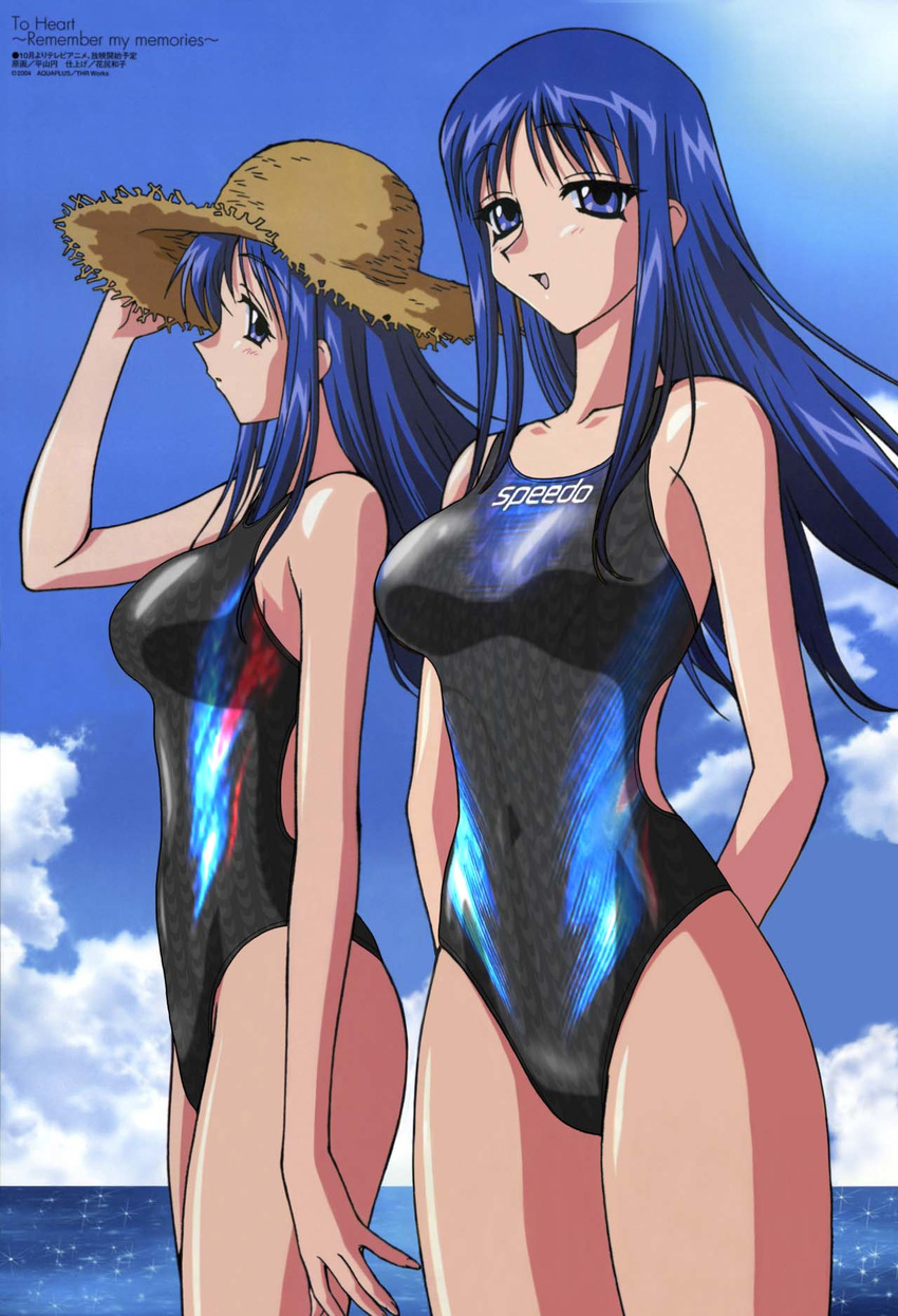 :d arm_up arms_behind_back bangs beach black_swimsuit blue_eyes blue_hair blue_sky blush breasts clothes_writing cloud cloudy_sky competition_swimsuit covered_navel cowboy_shot day from_side hand_on_headwear hat highres hirayama_madoka jpeg_artifacts kurusugawa_ayaka kurusugawa_serika large_breasts long_hair looking_at_viewer looking_back megami multiple_girls non-web_source ocean one-piece_swimsuit open_mouth outdoors parted_bangs print_swimsuit profile scan siblings side_cutout sidelocks sisters sky smile sparkle speedo_(company) standing straw_hat sun swimsuit third-party_edit to_heart to_heart:_remember_my_memories water