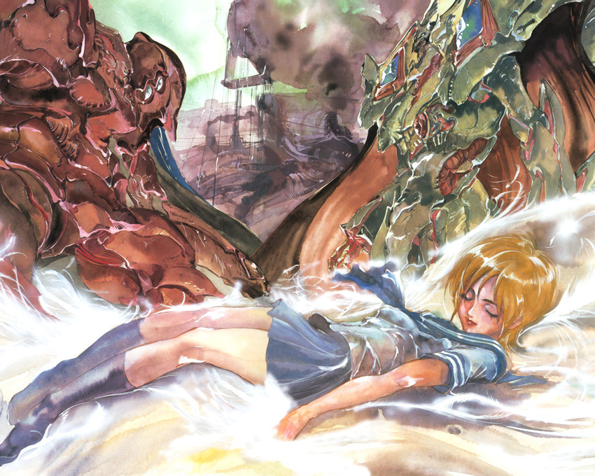 alseides blonde_hair closed_eyes escaflowne feathers kanzaki_hitomi kneehighs mecha sano_hirotoshi school_uniform short_hair skirt sleeping socks tenkuu_no_escaflowne