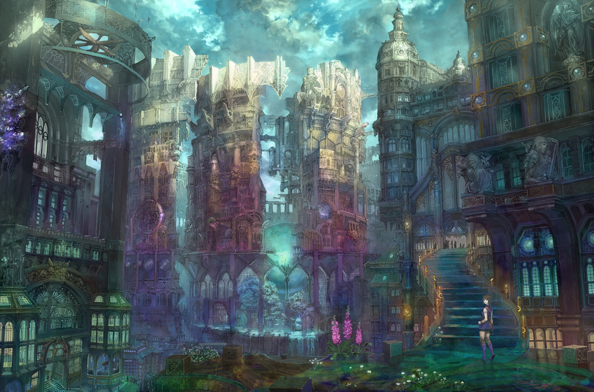 angel building city cityscape cloud colorful flower glowing highres landscape looking_back munashichi original scenery sky solo star_(sky) starry_sky statue sword urban weapon