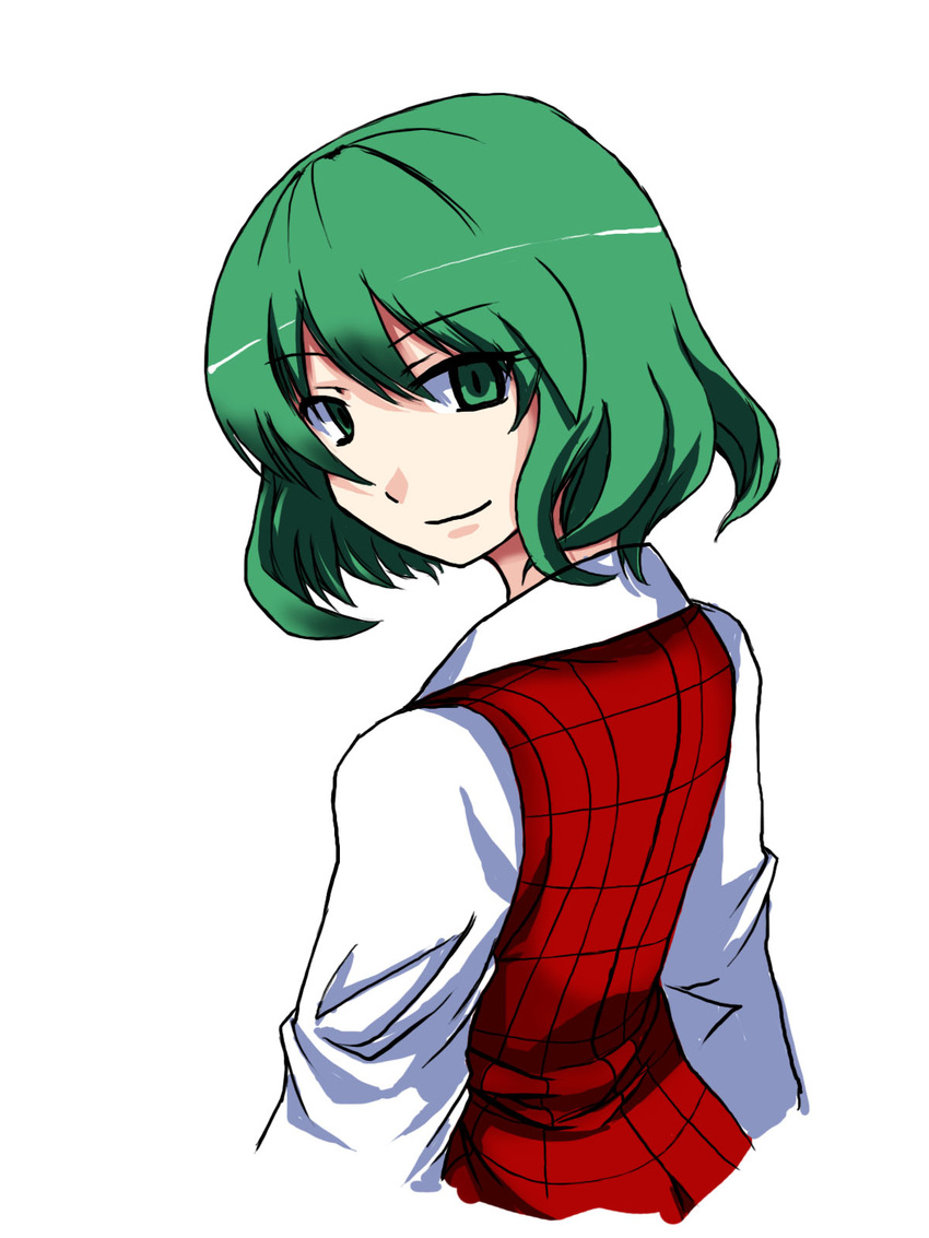 bad_id bad_pixiv_id from_behind green_eyes green_hair highres kazami_yuuka looking_back oyaji-sou plaid plaid_vest short_hair smile solo touhou upper_body vest white_background