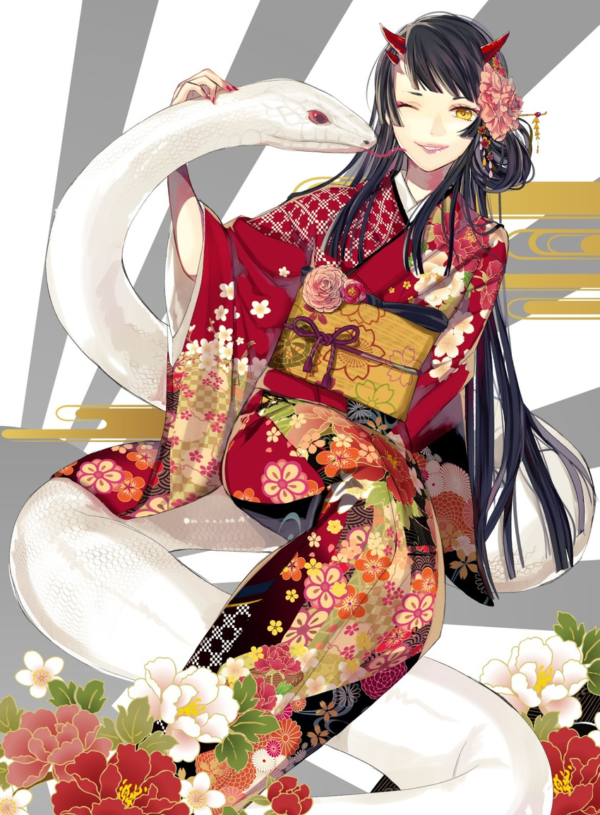 black_hair blush demon_girl hair_ornament hair_stick highres horns japanese_clothes kimono long_hair md5_mismatch obi original red_eyes sash smile snake solo vient yellow_eyes