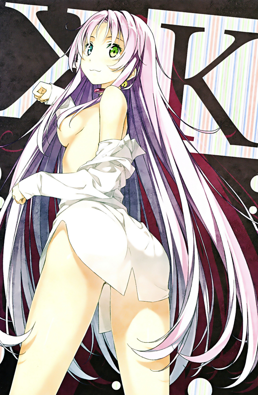 :3 bare_shoulders breasts censored collar convenient_censoring dress_shirt earrings green_eyes hair_censor heterochromia highres jewelry k_(anime) kantoku long_hair looking_back medium_breasts naked_shirt neko_(k) off_shoulder paw_pose purple_hair scan shirt sideboob sleeves_past_wrists solo very_long_hair