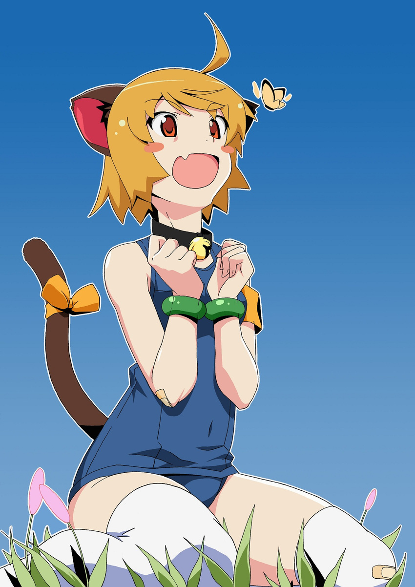 ahoge animal_ears bad_id bad_pixiv_id bandaid bandaid_on_clothes bandaid_on_knee bell bell_collar blue_background blush_stickers bow bracelet bug butterfly cat_ears character_request collar copyright_request fang highres insect jewelry jingle_bell kiyukiyutan one-piece_swimsuit orange_eyes orange_hair plant school_swimsuit sitting solo swimsuit tail tail_bow thighhighs watanabe_akio_(style)