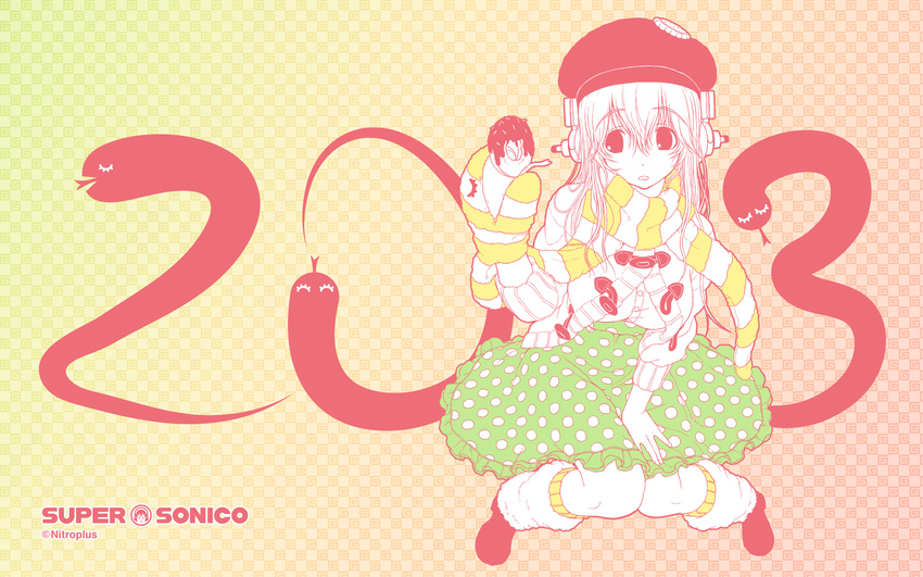 2013 artist_request beret cardigan character_name checkered checkered_background doughnut flat_color food frilled_skirt frills hand_puppet hat headphones highres leg_warmers legs_folded lineart new_year nitroplus official_art partially_colored patterned_background polka_dot_skirt puppet scarf skirt snake solo striped striped_scarf super_sonico sweater wallpaper winter_clothes