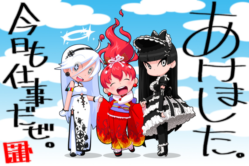 2013 3girls bare_shoulders black_eyes black_legwear blush boots breasts cloud clouds detached_sleeves dress earrings eyes_closed fiery_hair fire flame frills frown geta gloves glowing glowing_eyes gothic_lolita grin hair_ornament hairband halo hand_holding high_heels highres hime_cut hono-sho_hinoko japanese_clothes jewelry kamocham kimono large_breasts lolita_fashion lolita_hairband long_hair multiple_girls new_year obi original red_hair ribbon sash shoes side_slit sleeves_past_wrists smile snow symbol-shaped_pupils text thighhighs white_eyes white_legwear wide_sleeves zettai_ryouiki