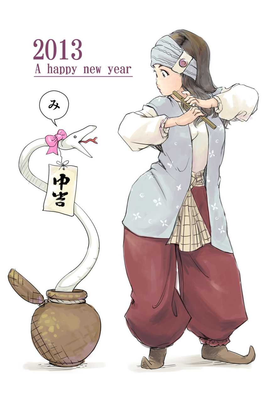 2013 basket brown_hair carina_(xiaowoo) flute happy_new_year highres instrument long_hair new_year original pointy_shoes shoes simple_background snake snake_charmer white_background white_snake