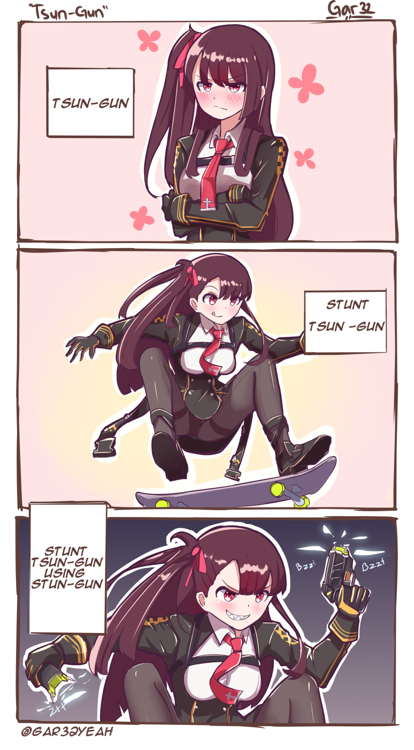 1girl 3koma absurdres artist_name comic english evil_smile eyebrows_visible_through_hair girls_frontline highres necktie one_side_up pun purple_eyes purple_hair sharp_teeth skateboard skateboarding smile solo stun_gun teeth tegar32 tsundere wa2000_(girls_frontline)