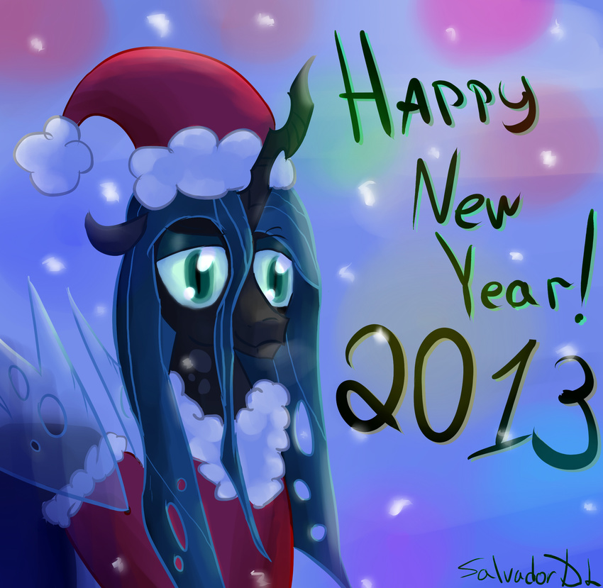 black_fur changeling christmas english_text equine female feral friendship_is_magic fur green_eyes green_hair hair hat holidays horn horse mammal my_little_pony new_year pony queen_chrysalis_(mlp) salvadordl santa_hat snow text wings
