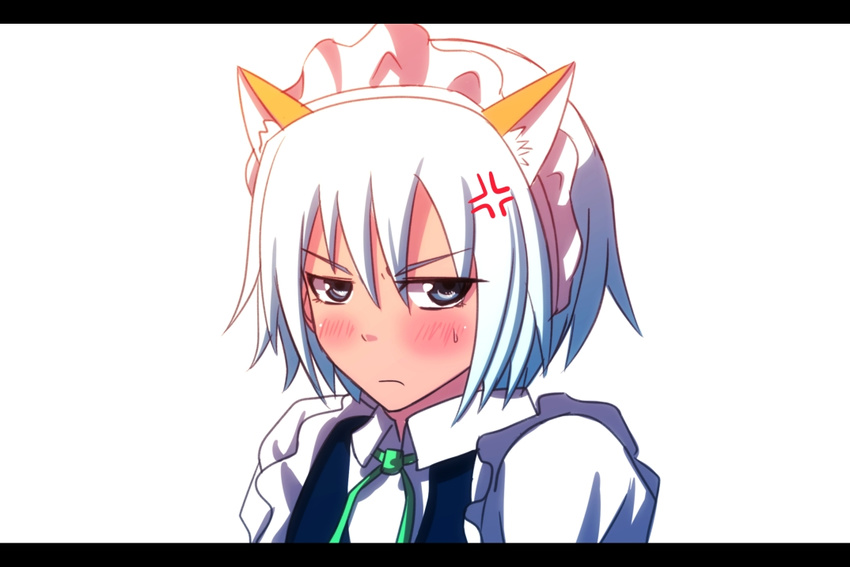 anger_vein animal_ears anime_coloring bad_id bad_pixiv_id blue_eyes blush dog_ears frills izayoi_sakuya letterboxed maid maid_headdress scowl short_hair silver_hair simple_background solo tomon_(slash0410) touhou white_background