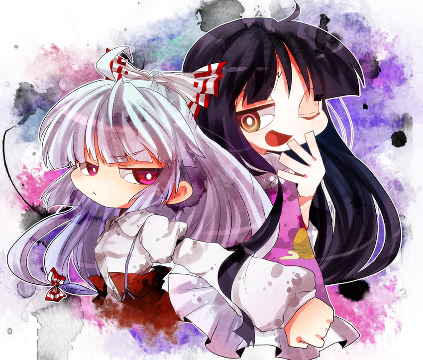 :/ back-to-back black_hair bow brown_eyes dress fujiwara_no_mokou hair_bow highres hime_cut houraisan_kaguya japanese_clothes long_hair multiple_girls one_eye_closed rarorimiore red_eyes silver_hair suspenders touhou very_long_hair