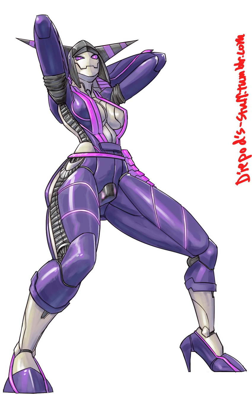 1girl arms_behind_head black_hair breasts capcom center_opening diepod han_juri high_heels highres hii-volt-07 mecha mechanization pointy_hair purple_eyes robot shoes short_hair solo street_fighter street_fighter_iv super_street_fighter_iv