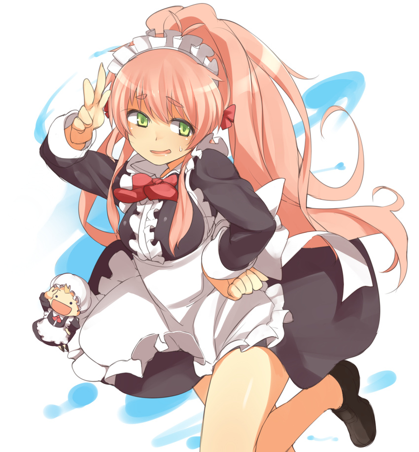 :d alternate_costume alternate_hairstyle antenna_hair apron bad_id bad_pixiv_id blush bow enmaided fairy_(jintai) green_eyes hand_on_hip highres jinrui_wa_suitai_shimashita leg_up loafers long_hair looking_away maid maid_headdress nishimuku_meri open_mouth pink_hair ponytail shoes simple_background smile sweat watashi_(jintai) white_background