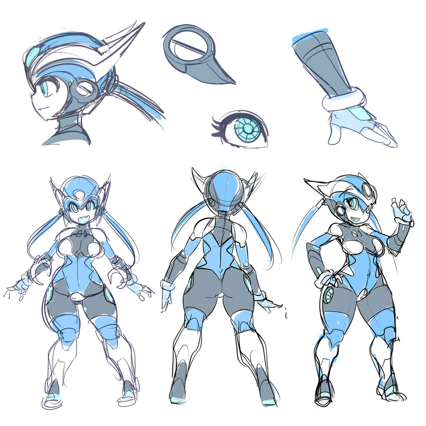 ass blue_eyes blue_hair breasts character_sheet close-up curvy helmet highres maniacpaint medium_breasts n01sb original profile robot smile thick_thighs thighs twintails wide_hips