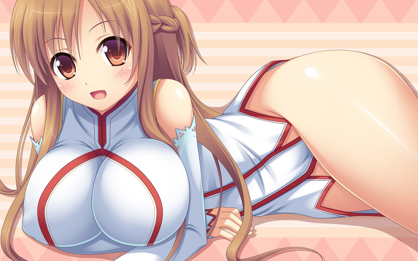 :d abstract_background asuna_(sao) bare_shoulders blush breasts brown_eyes brown_hair detached_sleeves impossible_clothes large_breasts lying miu_(c_blue) no_pants on_stomach open_mouth side_slit smile solo sword_art_online thighs