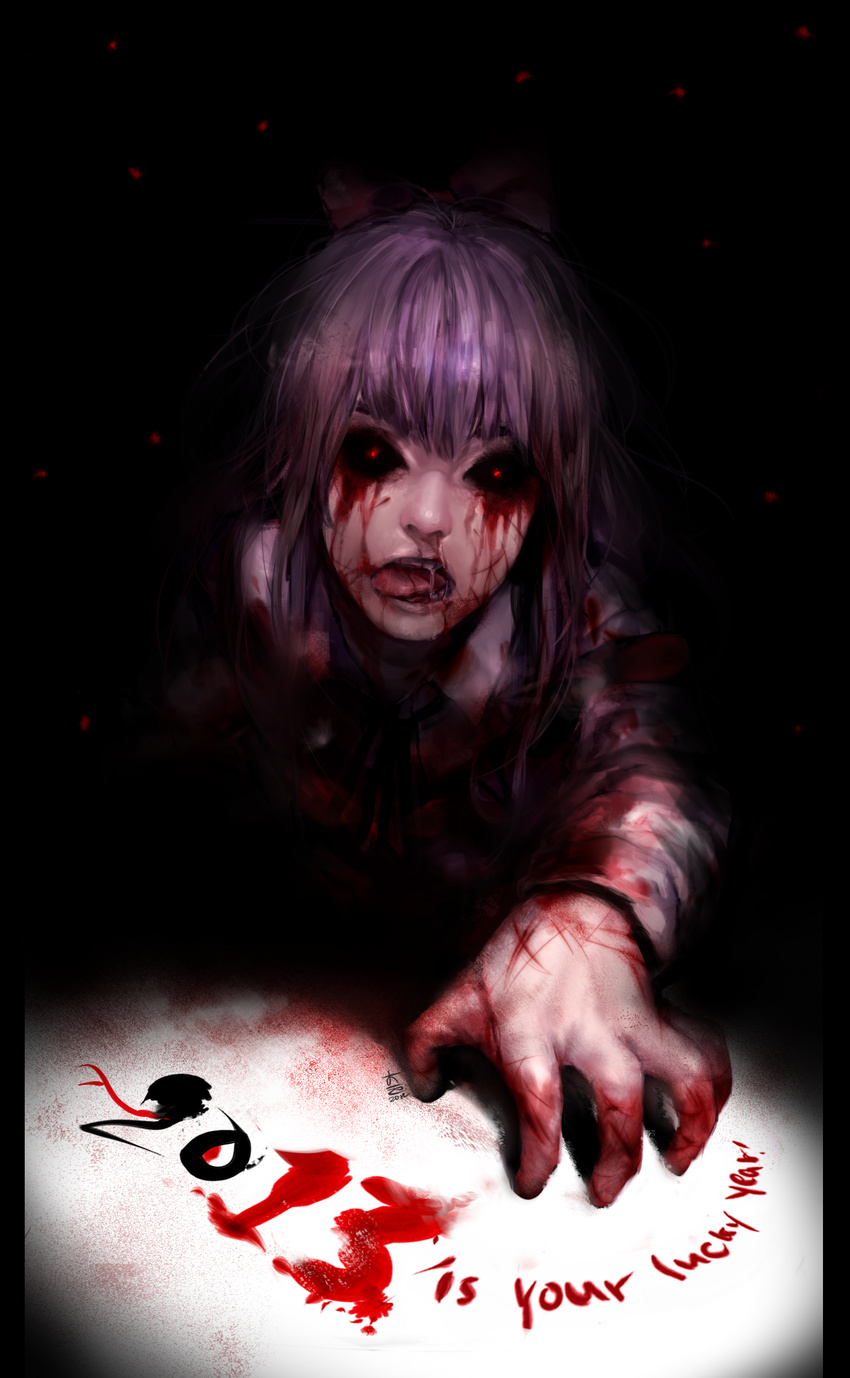 2013 black_sclera blood bow bunnywebb crawling ellen_(majo_no_ie) glowing glowing_eyes hair_bow highres horror_(theme) injury majo_no_ie red_eyes scratches solo tongue