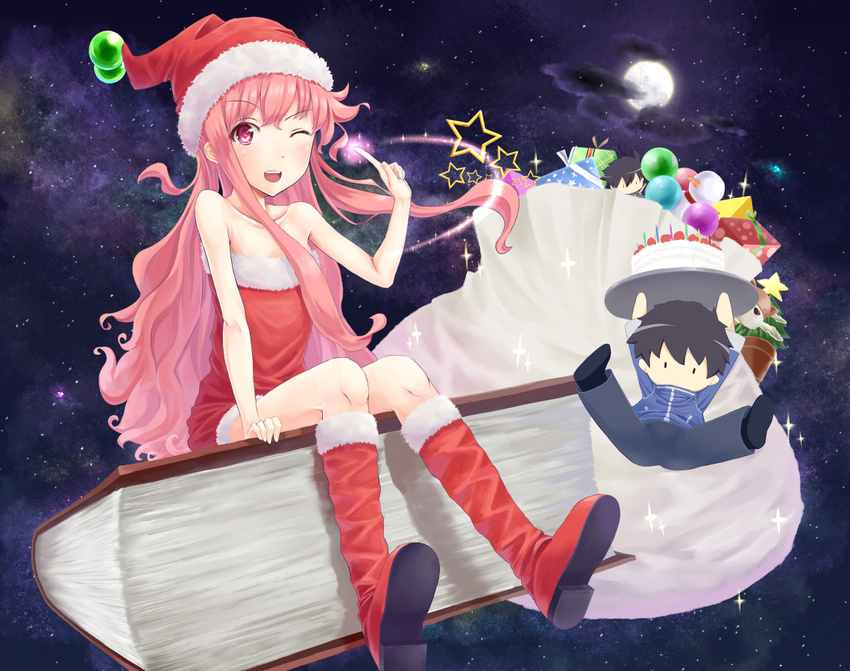 1girl black_hair book boots cake chibi christmas cloud food full_moon gift hat hiraga_saito long_hair louise_francoise_le_blanc_de_la_valliere masashou_(sinsyo23) moon one_eye_closed pink_eyes pink_hair sack santa_costume santa_hat short_hair smile star star_(sky) tray zero_no_tsukaima