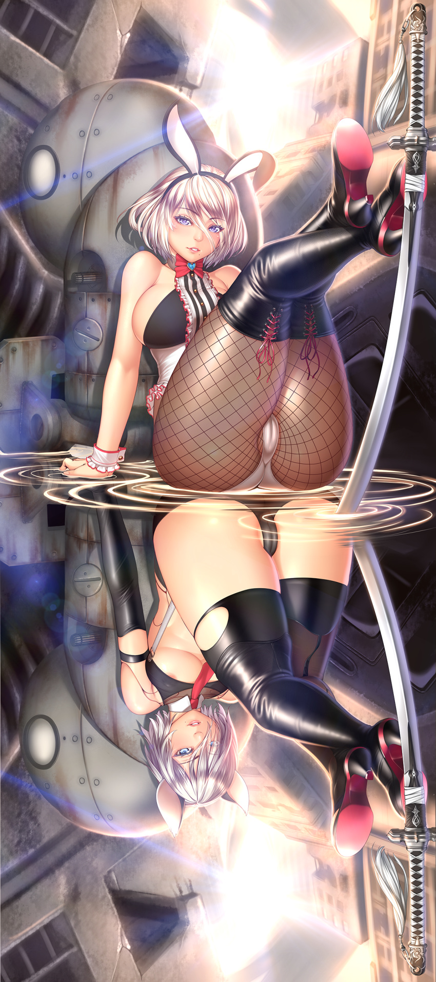 2girls absurdres animal_ears areola_slip areolae arm_support ass black_legwear boots bow bowtie breasts bunny_ears cameltoe cat_ears cleavage fishnet_pantyhose fishnets high_heel_boots high_heels highres huge_ass large_breasts legs_up leotard looking_at_viewer lucknight machine_(nier) multiple_girls necktie nier_(series) nier_automata pantyhose parted_lips planted_weapon ripples robot short_hair sideboob silver_hair sitting smile suspenders sword thigh_boots thighhighs underboob upside-down water weapon wide_hips wrist_cuffs yorha_no._2_type_b yorha_type_a_no._2