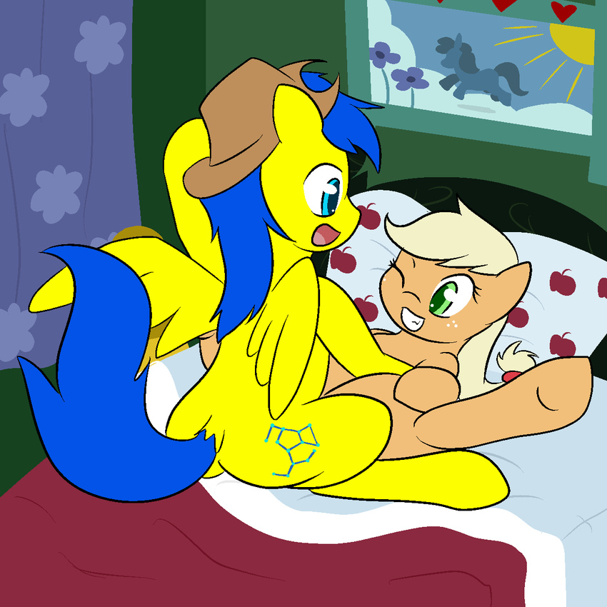 bed blonde_hair blue_eyes blue_hair cowboy_hat cutie_mark duo earth_pony equine female feral freckles friendship_is_magic fur green_eyes hair hat hi_res horse implied_penetration male mammal my_little_pony on_bed one_eye_closed open_mouth orange_fur original_character pillow pony shenhibiki stetson straight teeth yellow_fur