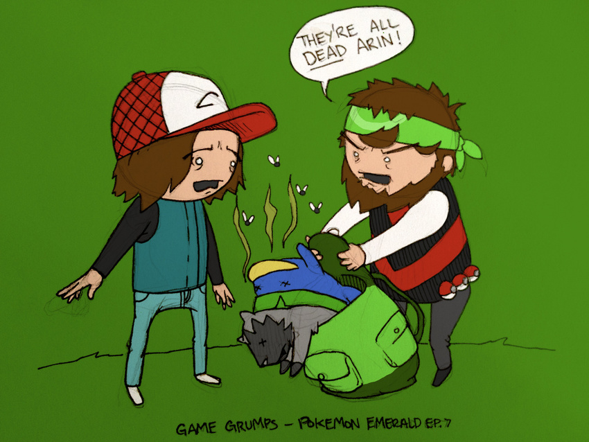 :&lt; animal_ears arin_hanson backpack bag baseball_cap blue_pants bugs dead dialog dialogue english_text feral flies fly game_grumps green_background grey_pants hair hat hats headband hoodie insect jon_jafari lotad male nintendo no_pupils o_o open_mouth pinstripes plain_background pok&#233;ball pok&#233;mon pok&eacute;ball pok&eacute;mon poochyena sad shocked smell stink text unknown_artist video_games what x.x x_eyes x_x