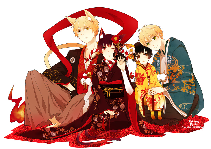 animal_ears axis_powers_hetalia black_hair blonde_hair blush cat_ears cat_tail clone full_body green_eyes haruno_(biko) japan_(hetalia) japanese_clothes kimono male_focus multiple_boys multiple_tails one_eye_closed otoko_no_ko red_eyes smile tail united_kingdom_(hetalia)