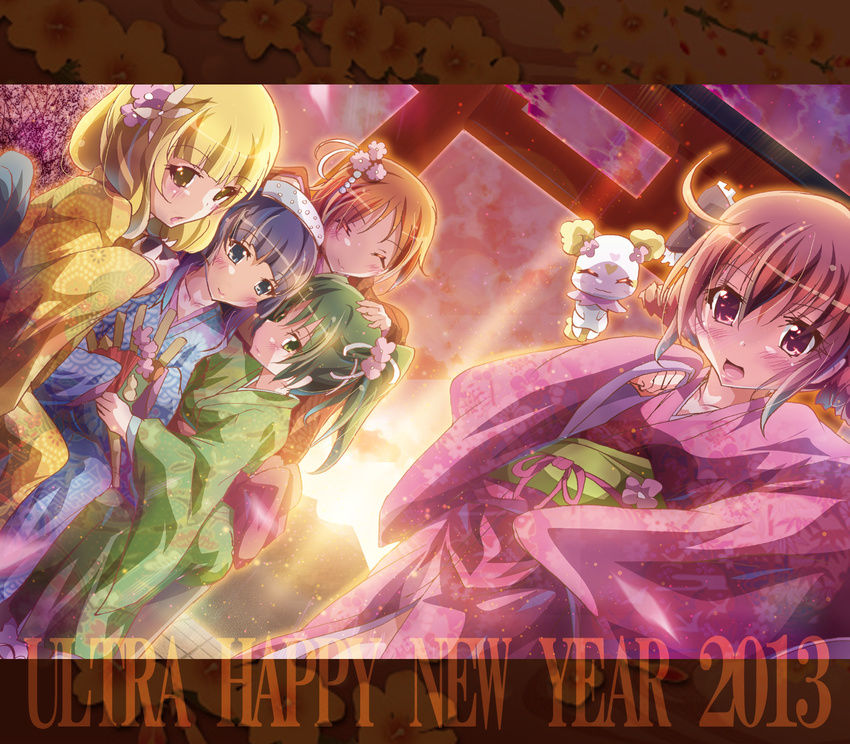 5girls aoki_reika ass blonde_hair blue_eyes blue_hair candy_(smile_precure!) closed_eyes flower green_eyes green_hair hair_flower hair_ornament hairband happy_new_year highres hino_akane_(smile_precure!) hoshizora_miyuki inoshishi_(ikatomo) japanese_clothes kimono kise_yayoi letterboxed long_hair midorikawa_nao multiple_girls new_year obi open_mouth precure red_hair sash short_hair smile smile_precure! torii twintails yellow_eyes