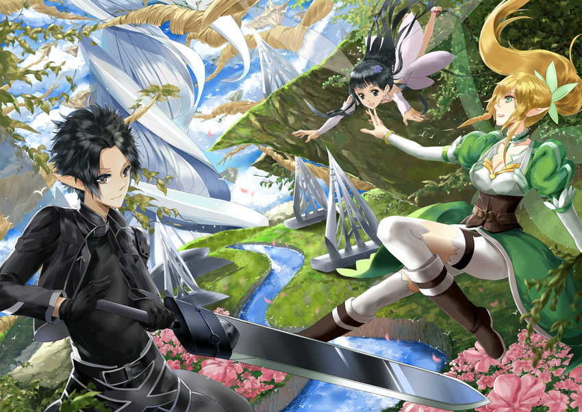 2girls anklet bad_id bad_pixiv_id barefoot black_eyes black_hair blonde_hair braid branch breasts citemer cleavage cloud dress fairy fairy_wings flower gloves hair_flower hair_ornament highres jewelry kirito kirito_(sao-alo) leafa long_hair long_legs medium_breasts multiple_girls ponytail scenery short_hair shorts sky sword sword_art_online thighhighs tree twin_braids water weapon wings yui_(sao) yui_(sao-alo)