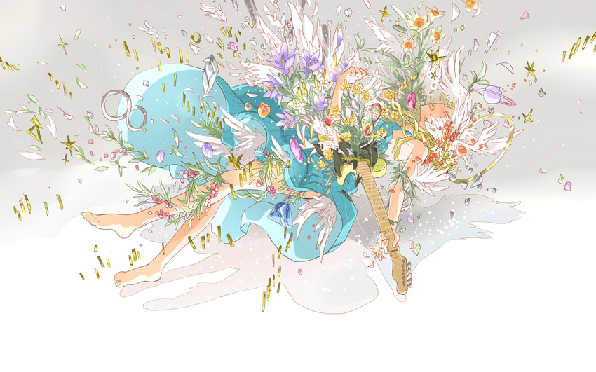 abstract arakawa_(aintnoroom) barefoot blonde_hair blue_dress breaking dress falling feathers flower gem gradient gradient_background grey_background guitar highres infinity instrument jewelry original overgrown planet plant ring shadow simple_background solo tongue tongue_out utau vines what white_background