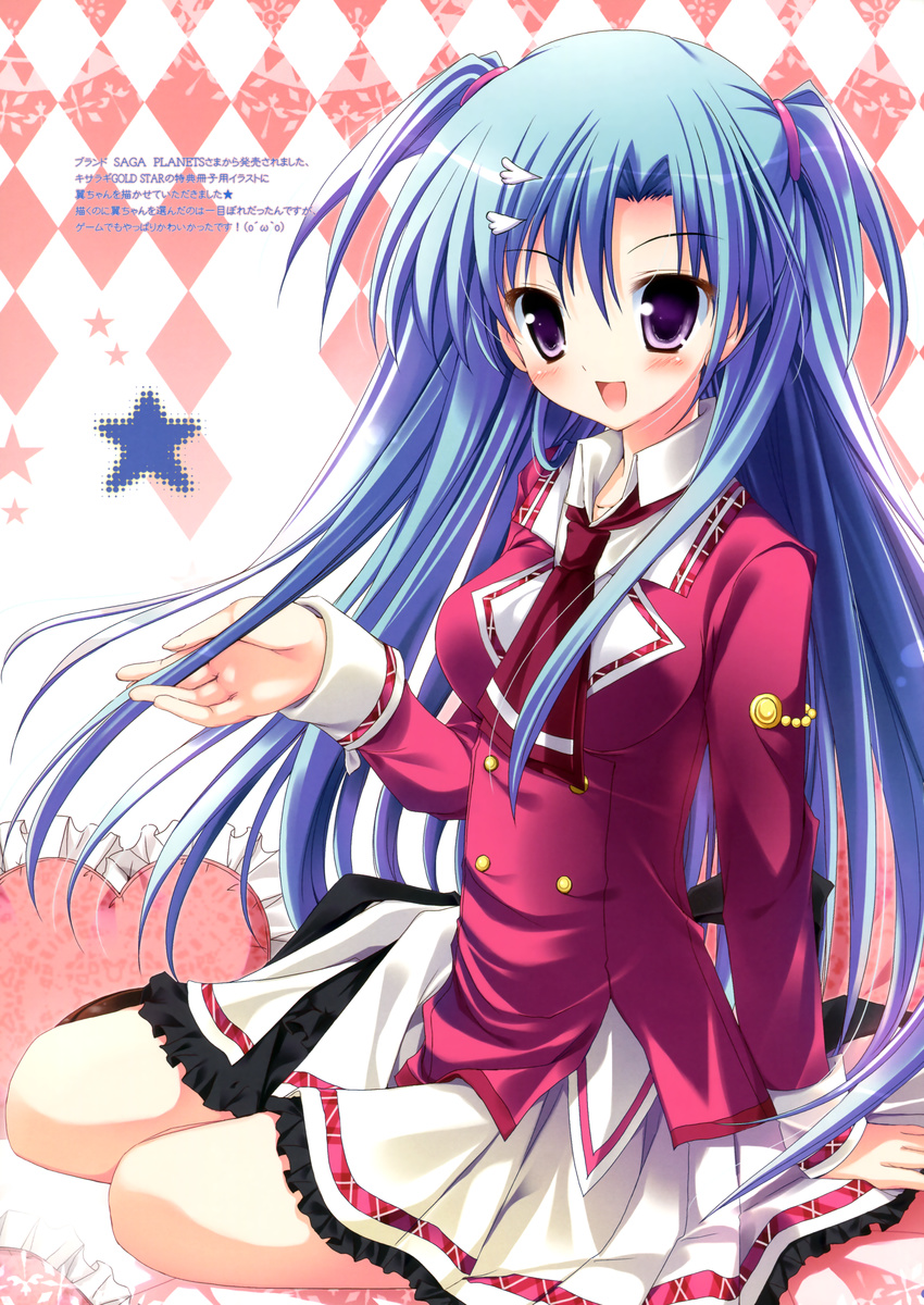 :d absurdres argyle argyle_background ascot blue_hair blush buttons full_body haotone_tsubasa highres kisaragi_gold_star long_hair long_sleeves looking_at_viewer open_mouth purple_eyes school_uniform sitting skirt smile solo star tareme two_side_up very_long_hair white_skirt yoko_littner