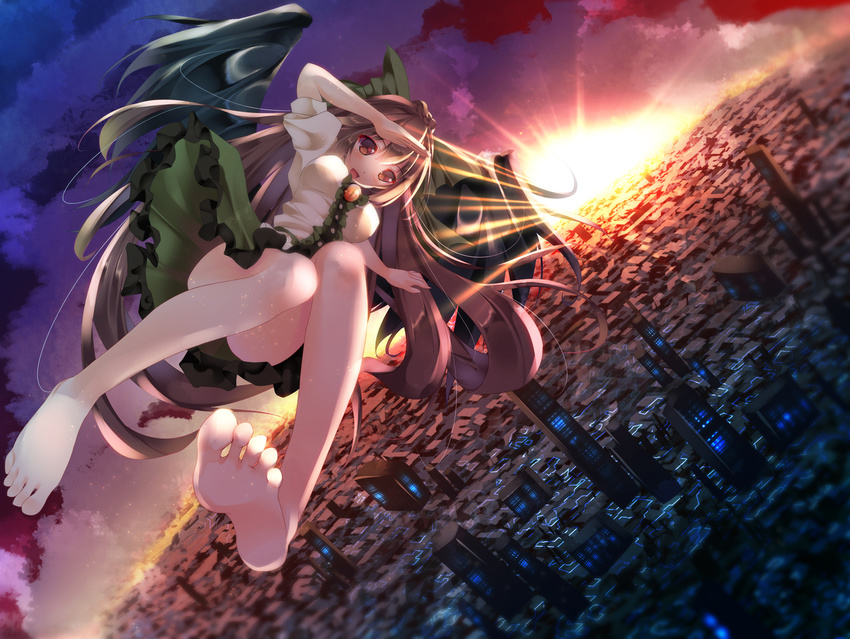 bad_anatomy bad_perspective bare_legs barefoot black_wings brown_eyes brown_hair city feet flying fukuda_shuushi hair_ribbon highres long_hair no_shoes open_mouth reiuji_utsuho ribbon shirt skirt smile soles solo sunset third_eye toes touhou very_long_hair wings