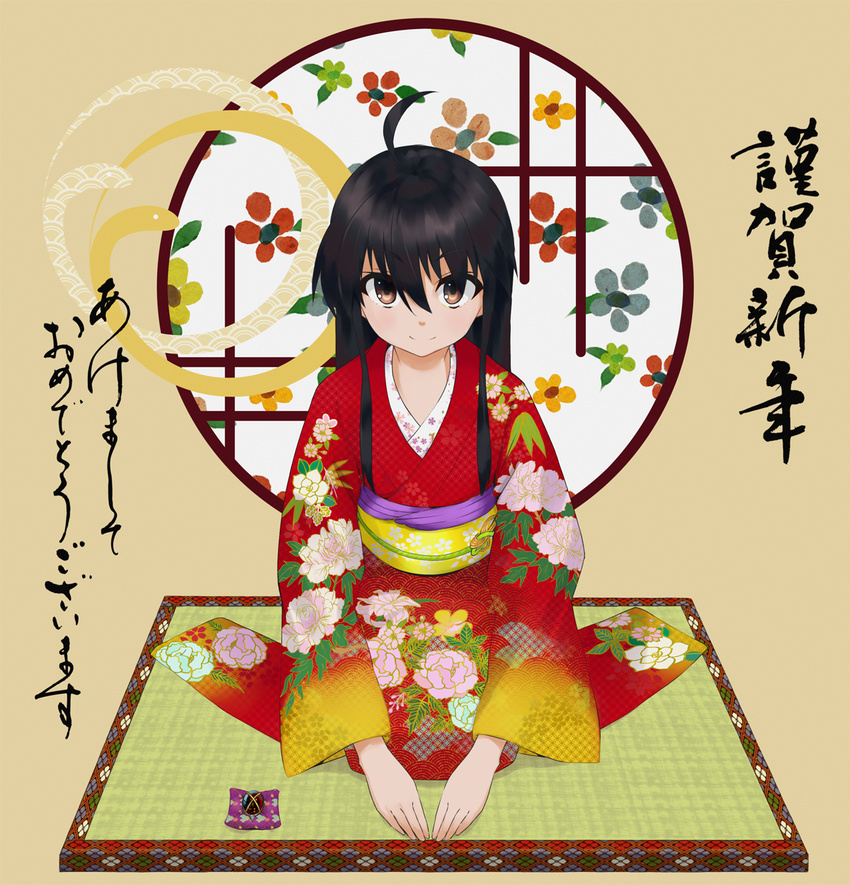 ahoge akeome alastor_(shakugan_no_shana) black_hair brown_eyes floral_print happy_new_year highres japanese_clothes kimono long_hair mokkei new_year round_window seigaiha seiza shakugan_no_shana shana sitting solo tatami window