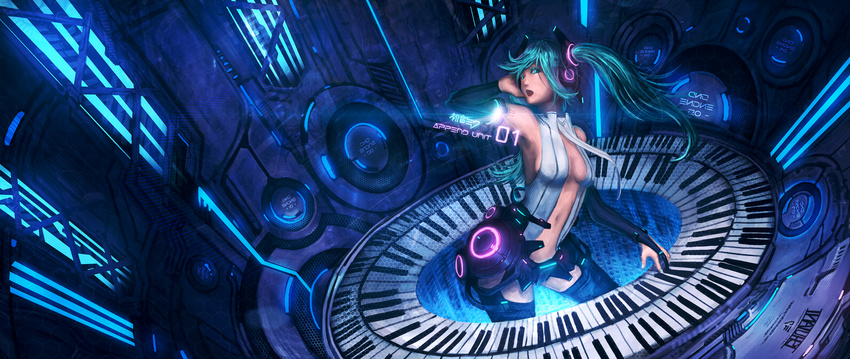 arm_up armpits bridal_gauntlets center_opening character_name hatsune_miku hatsune_miku_(append) hexagon highres ishutani long_hair navel necktie open_mouth piano_keys solo speaker thighhighs twintails vocaloid vocaloid_append