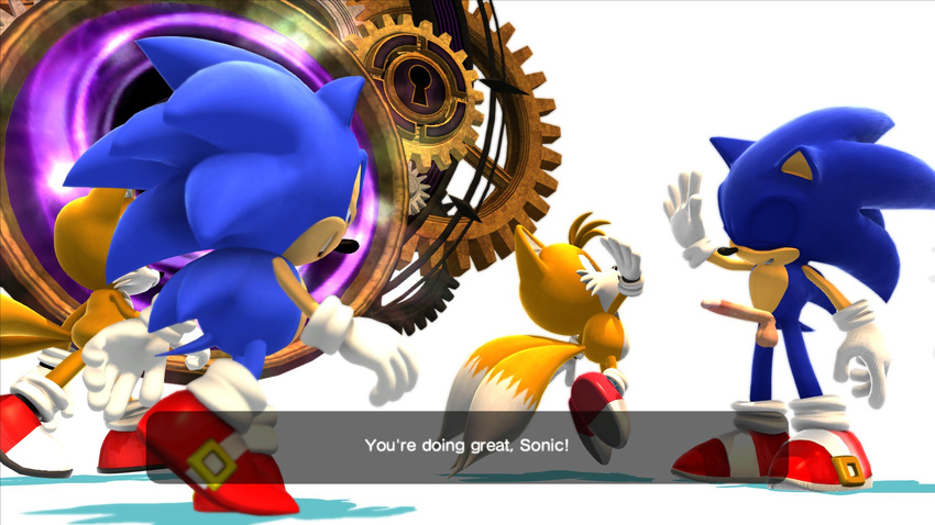 ! balls canine classic_sonic classic_tails device double_tail eyes_closed footwear fox fur gloves ground half_nude happy hedgehog high-5 jumping lock miles_prower penis plain_background quills raised_arm rodent sega shadow shiny shoes smile sonic_(series) sonic_the_hedgehog teeth text video_games white_background