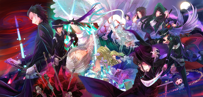 6+girls alice_(megami_tensei) asakura_tae ayame_(devil_summoner) back-to-back belt black_hair blonde_hair blue_eyes brown_eyes brown_hair cape card chain closed_eyes cloud devil_summoner expressionless fedora fighting_stance flower full_moon gakuran glasses gloves gouto gun hat hat_flower highres holster jack_frost kariya_(mizore) katana kuzunoha_raidou long_hair looking_back moon mou_shobou mouth_hold multiple_boys multiple_girls nagi_(devil_summoner) narumi_shouhei nekomata_(megami_tensei) open_mouth playing_card projected_inset purple_hair school_uniform seimei_abe_(devil_summoner) serious shako_cap sheath sheathed shin_megami_tensei smile sword tears uniform weapon white_hair