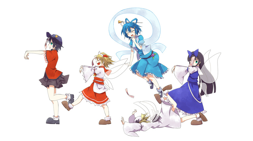 absurdres belt beret blonde_hair blue_dress blue_hair bow closed_eyes dress drill_hair faceplant fairy fairy_wings fang flying green_eyes hair_bow hair_ornament hair_rings hair_stick hand_to_own_mouth hat hayaneko_(ceceragi) highres japanese_clothes jiangshi kaku_seiga kimono long_hair long_sleeves luna_child maid_headdress miyako_yoshika multiple_girls obi ofuda open_clothes open_mouth open_vest outstretched_arms puffy_sleeves sash shawl shirt short_hair short_sleeves skirt skirt_set smile star_sapphire sunny_milk touhou vest white_dress wide_sleeves wings zombie_pose