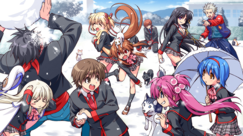 6+girls belka black_hair blonde_hair blue_eyes blue_hair bow breasts brown_eyes brown_hair cape cat cleavage dog everyone hair_bobbles hair_ornament hair_ribbon hairband hat highres in_the_face inohara_masato japanese_clothes kamikita_komari kurugaya_yuiko lennon little_busters! long_hair medium_breasts miyazawa_kengo multiple_boys multiple_girls naoe_riki natsume_kyousuke natsume_rin nishizono_mio noumi_kudryavka open_mouth pink_bow plaid plaid_skirt ponytail purple_eyes purple_hair red_eyes ribbon saigusa_haruka scarf school_uniform short_hair side_ponytail silver_hair skirt smile snow snowball snowball_fight strelka striped striped_legwear thighhighs twintails umbrella winter zen