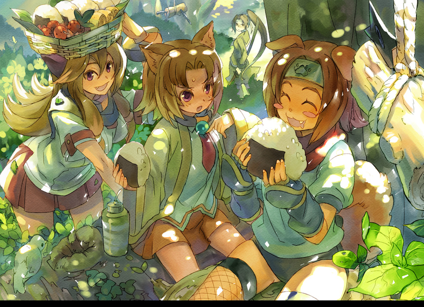 animal_ears arcana_heart armor artist_request basket bird blush_stickers bottle brown_eyes brown_hair buruma cape dappled_sunlight dog_ears fang fingerless_gloves fishnets food forehead_protector forest gloves gym_uniform headband in_tree inuwaka_akane inuwaka_nazuna japanese_armor katana konoha_(arcana_heart) kote long_hair multiple_girls nature official_art on_head onigiri ponytail scarf school_uniform shade short_hair sitting sitting_in_tree skirt sunlight sword thighhighs tokinomiya_kamui tree very_long_hair weapon