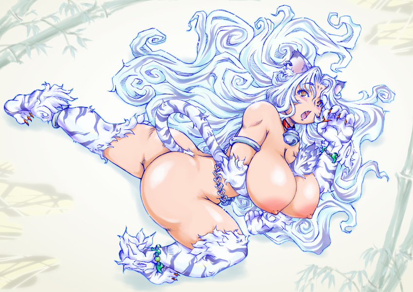 1girl animal_ears anklet areolae armlet ass bell between_breasts blue_hair breasts cat_ears cat_tail collar female huge_breasts jewelry large_areolae legs long_hair lying nipples nude on_side open_mouth orange_eyes original paws solo tail tatara thighs tiger_ears tiger_tail wavy_hair