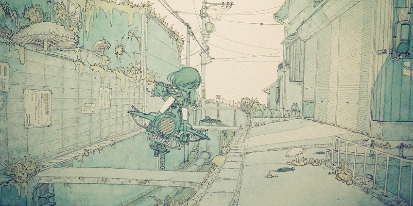 aqua bag flying from_behind gracile hover_bike kneehighs long_hair millipen_(medium) mushroom muted_color original overgrown pleated_skirt power_lines shoulder_bag skirt skirt_lift telephone_pole town traditional_media transformer vanishing_point watercolor_(medium)