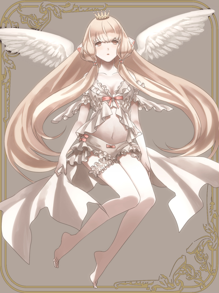 angel_wings babydoll barefoot blonde_hair chii chobits feathered_wings frills full_body garters grey grey_background hair_tubes highres long_hair robot_ears solo tiara underwear wings yatsuashimon