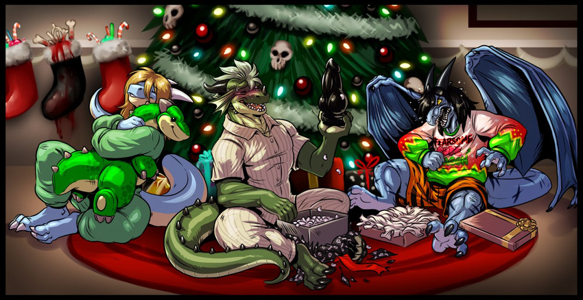 4_toes angry biceps big big_muscles blonde_hair blood blue_body blue_dragon blush bone candy christmas christmas_tree claws clothing cuddling dildo dinosaur dragon dreiker_(character) embarrassed eyes_closed gift green_dragon green_skin hair holiday holidays horn knot legwear lizard male malk muscles neodokuro open_mouth pajamas pants paws plushie presents scalie scar sex_toy shirt stockings sweat tharis tree unwrapping wings