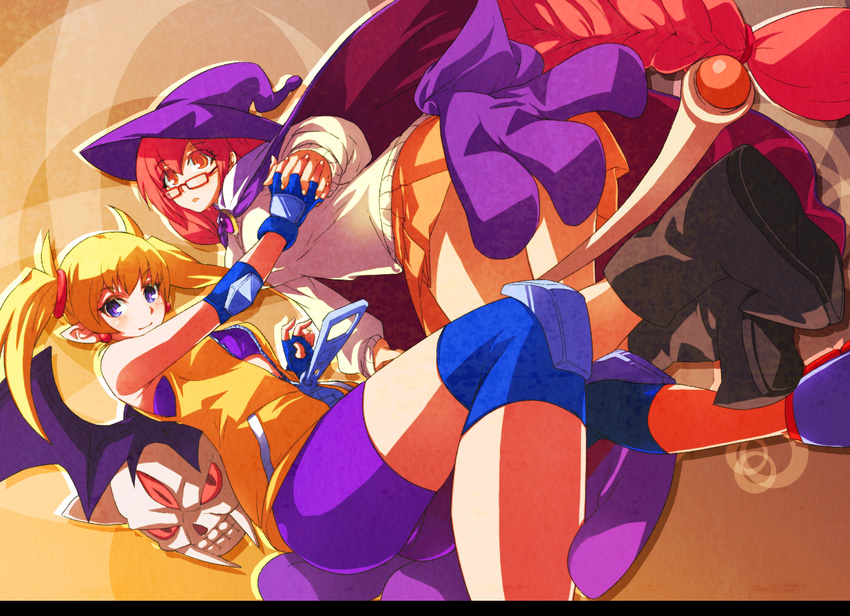 arcana_heart artist_request bat_wings bike_shorts blonde_hair blush boots braid breasts cape demon_girl elbow_pads fingerless_gloves glasses gloves hat holding_hands interlocked_fingers knee_pads large_breasts lilica_felchenerow long_hair multiple_girls official_art orange_skirt pointy_ears purple_eyes red-framed_eyewear red_eyes red_hair single_braid skirt sleeveless strapless sweater tubetop twintails unzipped very_long_hair wings witch witch_hat yasuzumi_yoriko zipper