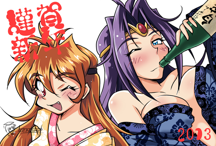 2girls ahoge alcohol bad_id bad_pixiv_id bentoss_detritus blue_eyes blush breasts circlet cleavage drink drunk hair_intakes headband japanese_clothes kimono large_breasts lina_inverse long_hair multiple_girls naga_the_serpent new_year one_eye_closed orange_hair purple_hair red_eyes sake slayers smile white_background yukata