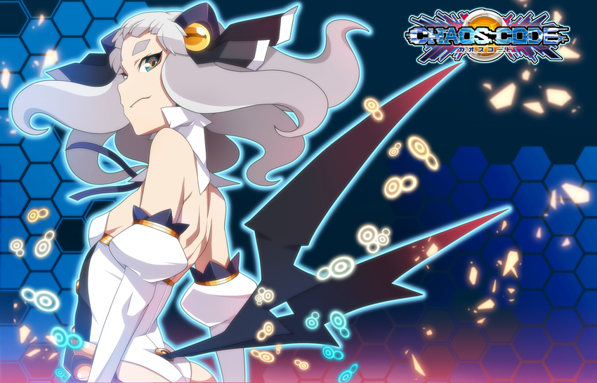 ass back ban breasts chaos_code cthylla_(chaos_code) detached_sleeves dress from_behind green_eyes hair_ornament highres leotard long_hair looking_back magical_girl multicolored multicolored_eyes official_art silver_hair small_breasts smile solo strapless strapless_dress wings yellow_eyes