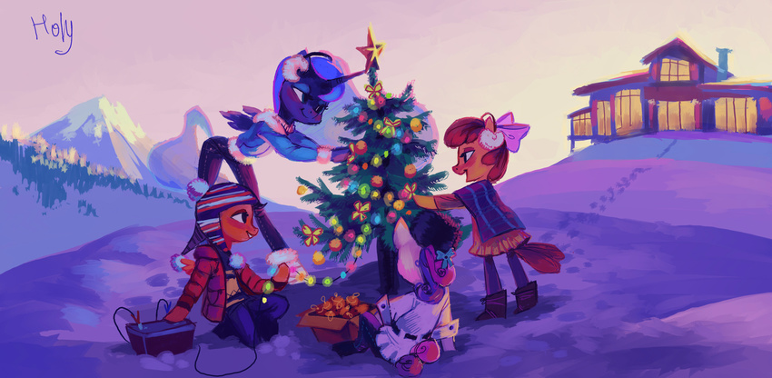 anthro anthrofied apple_bloom_(mlp) blue_hair bow christmas christmas_tree clothing cub cutie_mark_crusaders_(mlp) equine female friendship_is_magic hair hat hi_res holidays holivi horn horse house jeans mammal my_little_pony pegasus pony princess_luna_(mlp) purple_hair scootaloo_(mlp) snow star sweetie_belle_(mlp) tree unicorn wings winter young