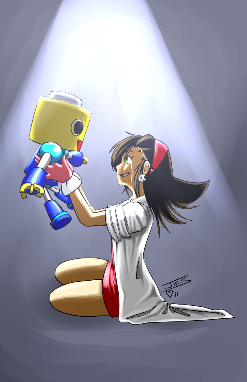 absurdres brown_hair crying crying_with_eyes_open dress earrings green_eyes hairband highres holding_up jewelry kobun labcoat lydi-lydi_(jes) pink_hairband rockman rockman_dash short_dress short_hair skull sleeves_pushed_up smile tears tron_bonne